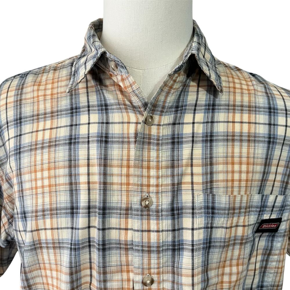 Dickies Men's Blue Orange Plaid Workwear Country Pockets Short Sleeve Shirt Sz M